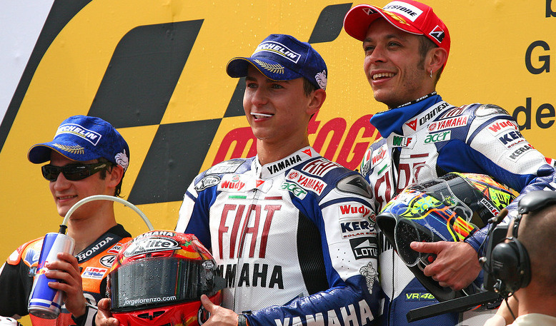 Dani Pedrosa, Jorge Lorenzo y Valentino Rossi, en una imagend e archivo