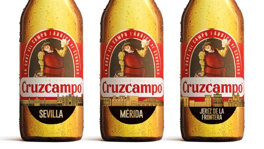 •	Cruzcampo Especial lleva el nombre y la silueta de 47 de las localidades más icónicas de ambas comunidades a su etiquetado